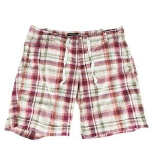 Eddie Bauer Short sz 12 Women Bermuda Chinos Plaid Burgundy Red Green Tie Preppy